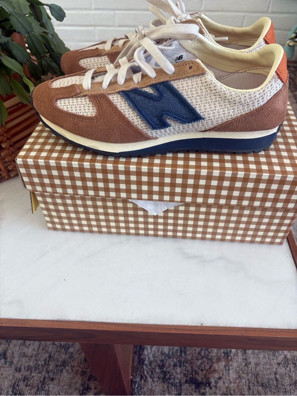 New Balance Brown, Cream & Blue Retro Runner Sneakers - Picture 1 of 6